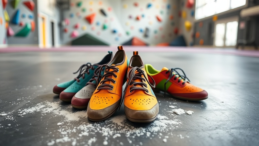 실내 클라이밍장 바닥에 놓인 다양한 색상의 입문용 암벽화와 초크 가루가 묻은 모습