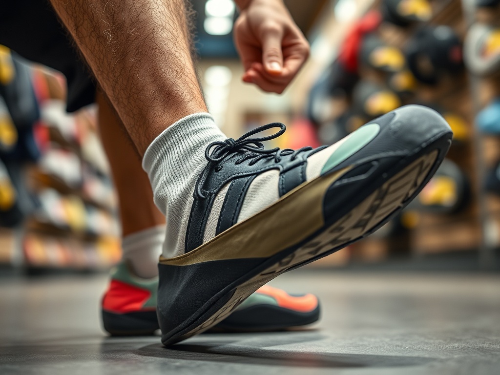 클라이머가 매장에서 암벽화를 신어보며 사이즈를 체크하는 클로즈업 장면