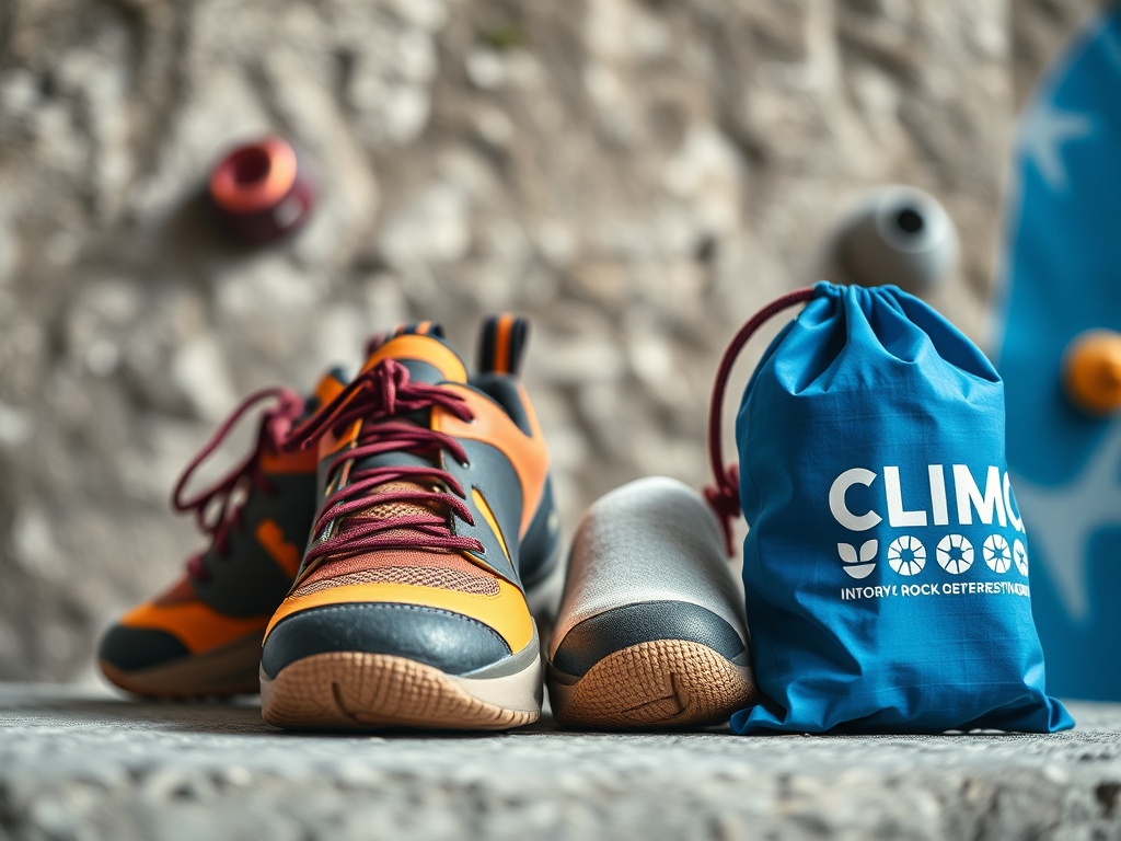 바닥이 평평한 입문용 암벽화와 하얀 가루가 담긴 초크백이 나란히 놓여 있는 모습